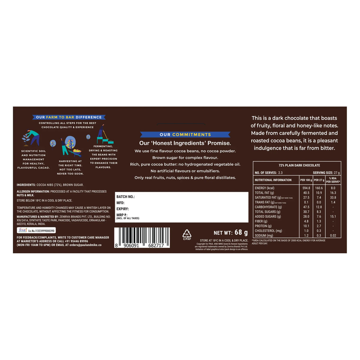 Dark Chocolate | 72% Dark Plain Chocolate-Heavy Metals Tested ,Low GI - Vegan & Soy Free – Paul & Mike – 68gm