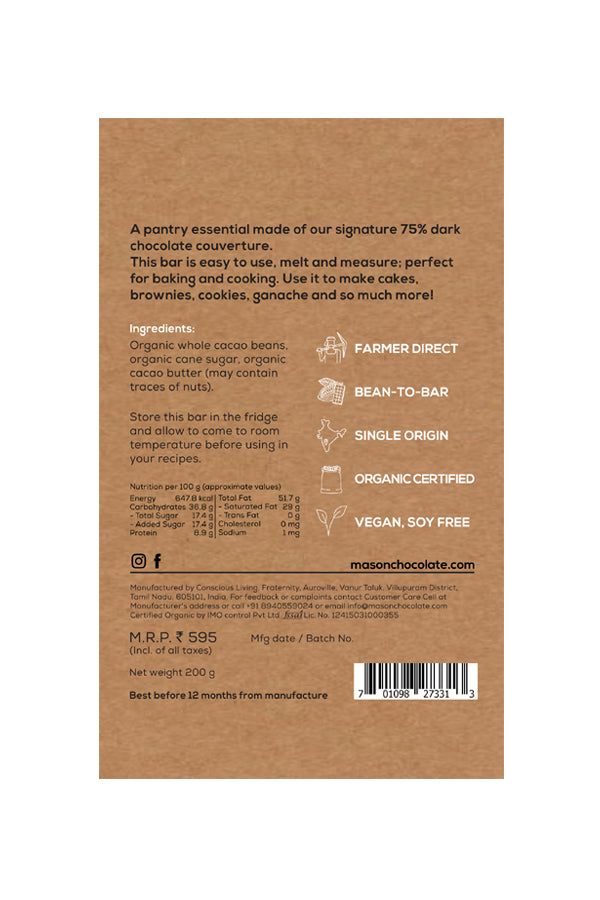 Dark Chocolate | 75% Couverture Dark Baking Chocolate – Vegan, Gluten Free & Soy Free – Mason & Co – 200gm