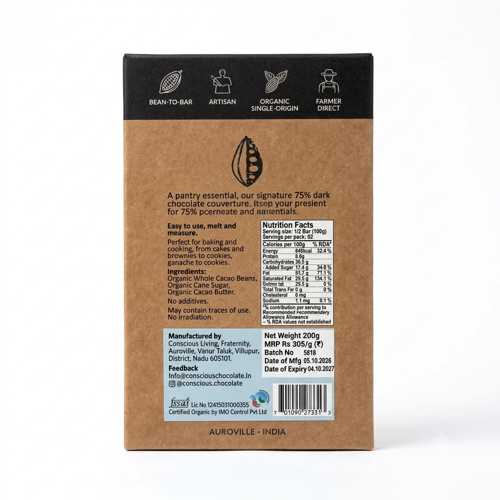 Dark Chocolate | 75% Couverture Dark Baking Chocolate – Vegan, Gluten Free & Soy Free – Conscious Living – 200gm
