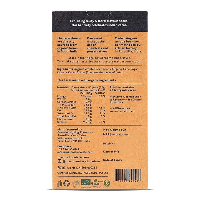 Chocolate | 75% Signature Dark Chocolate -Bean To Bar- Organic & Plant Based Chocolate - Vegan & Gluten Free - Mason & Co - 60gm