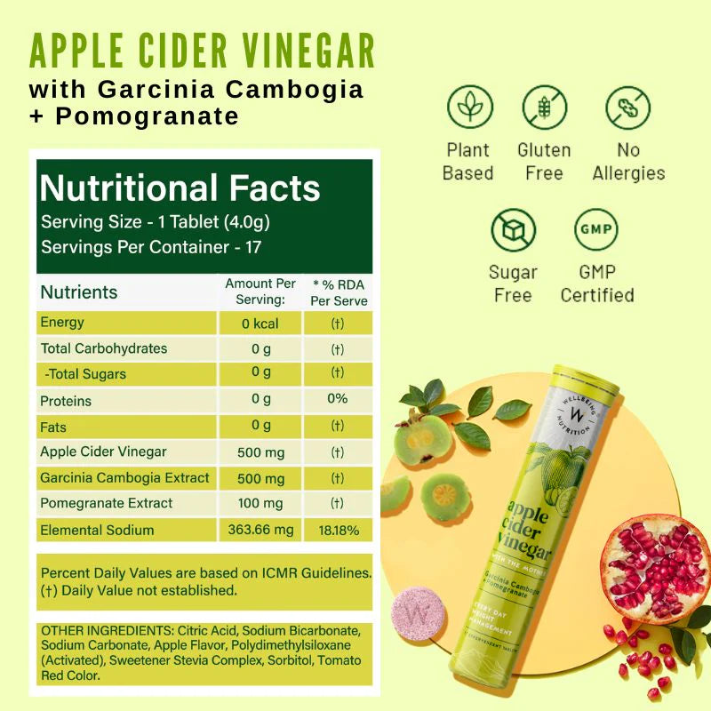 Apple Cider Vinegar | (With Garcinia Cambogia And Pomegranate) - Plant Based - Gluten Free, Sugar Free - Wellbeing Nutrition - 68gm