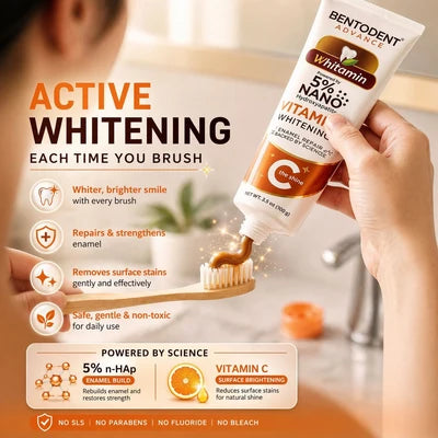 Toothpaste Advance | Whitamin Vit C (Whitening)-Vegan, & Cruelty Free - Vitamin C, 5% Nano Hydroxyapatite, Enamel Repair- Glycerin Free, Fluoride Free & No Added Artificial Colors - Bentodent - 100gm
