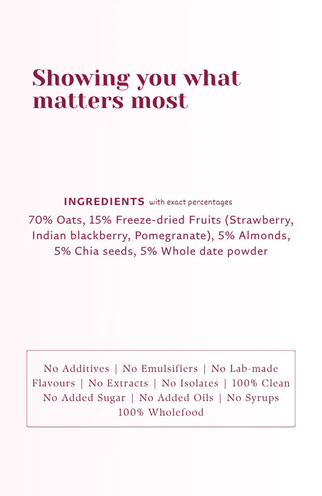 Clean Oats (Red Fruit )- Freeze Dried fruit & Date Sweetened- 100% Wholefood, Plant Based -No additives , No emulsifiers, No Added Oils , No Syrups – Safe Bee – 60gm
