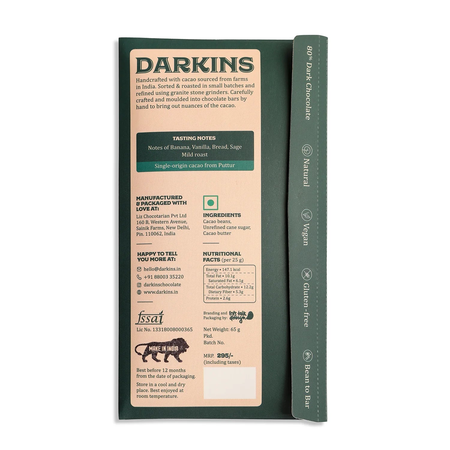 Dark Chocolate | 80% Single Origin Dark Chocolate - Karnataka - Vegan & Gluten Free - Darkins – 65gm
