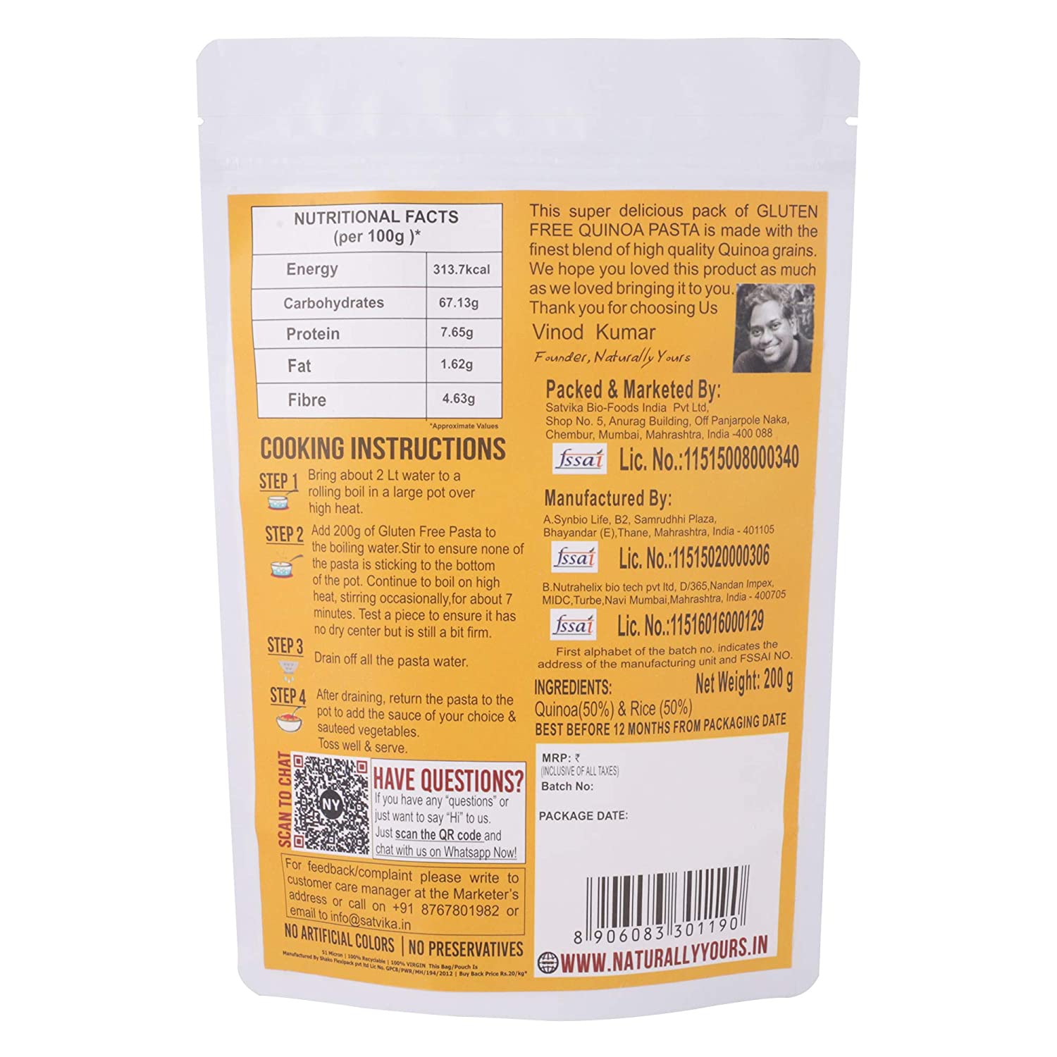 Quinoa Pasta - Gluten Free, High Protein & High Fiber - Naturally Yours - 200gm