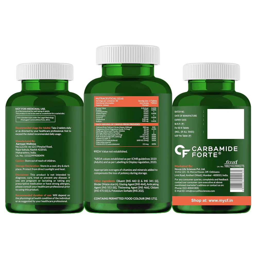 Calcium Magnesium Zinc Tablets – For Bone & Joint Support Vitamin D3, K2 MK7 & B12 for Better Absorption & Energy- Carbamide Forte-10 Tablets