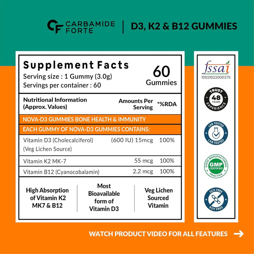 Gummies | Vitamin(D3 + K2 MK7 + B12)- Mango Flavour (Nova -D3 Gummies) - Veg Lichen Source D3 - Bone Health & Immunity - No Added Sugar - Carbamide Forte - 60 N Gummies