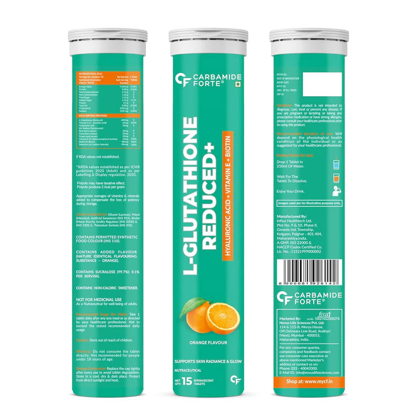 L-Glutathione Reduced Orange Flavour Hyaluronic Acid-Vitamin E- Biotin Supports Skin Radiance & Glow Carbamide Forte-15 Tablets