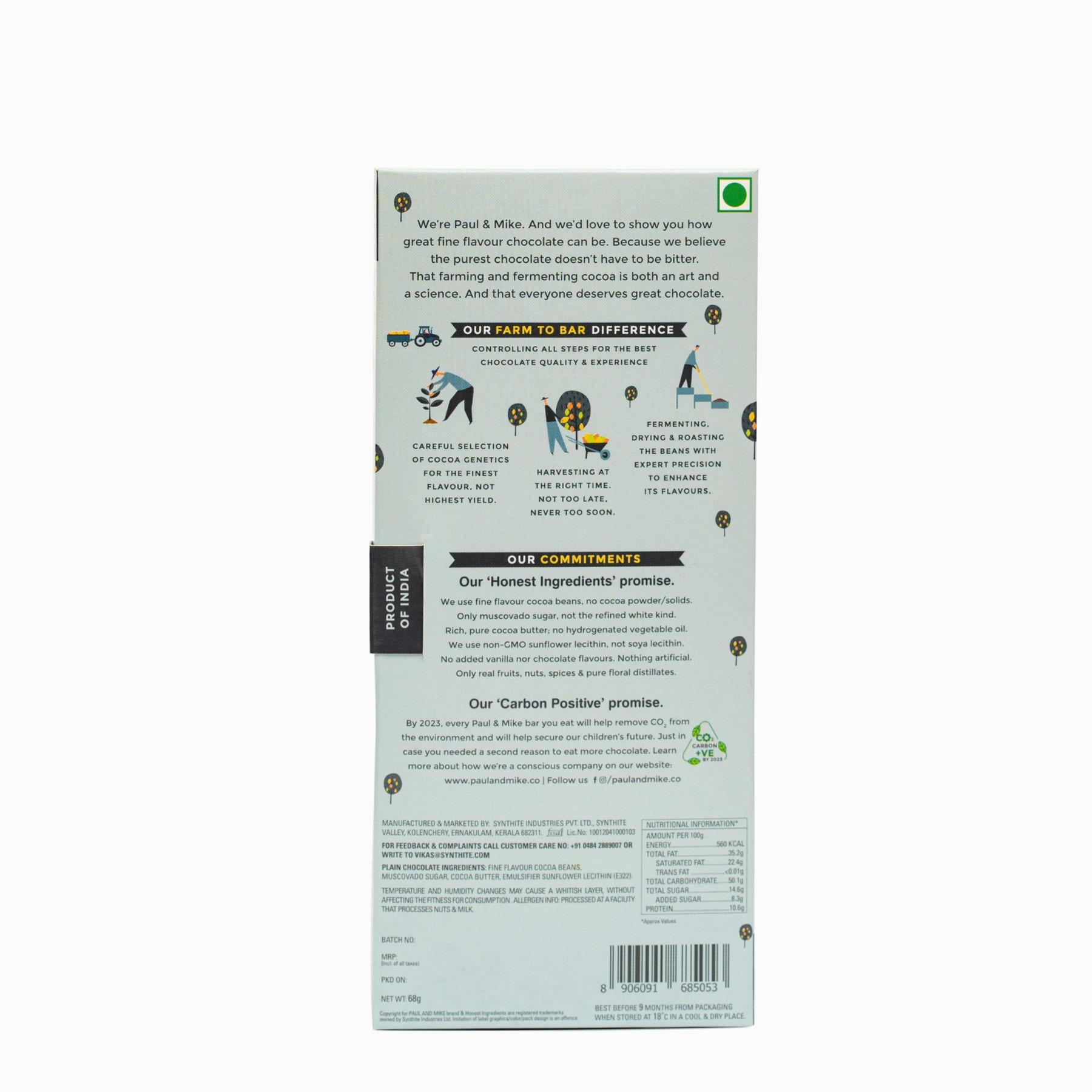 87% Dark Plain Chocolate - Vegan & Soy Free – Paul & Mike – 68gm