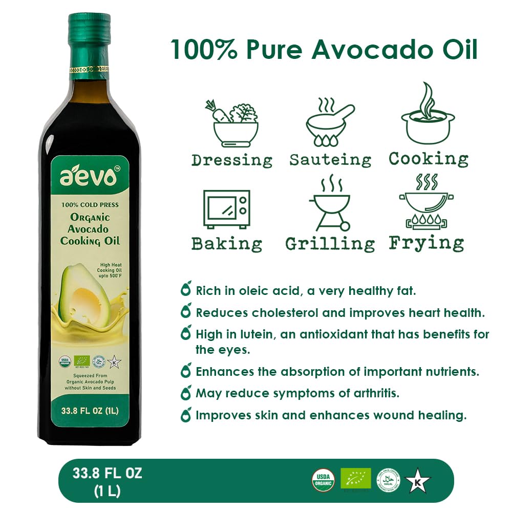 Avocado Oil | Avocado Cooking Oil (Squeezed From Organic Avocado Pulp Without Skin And Seeds) – USDA Organic – 100% Cold Pressed – Aevo – 1000ml - Pack Of 5