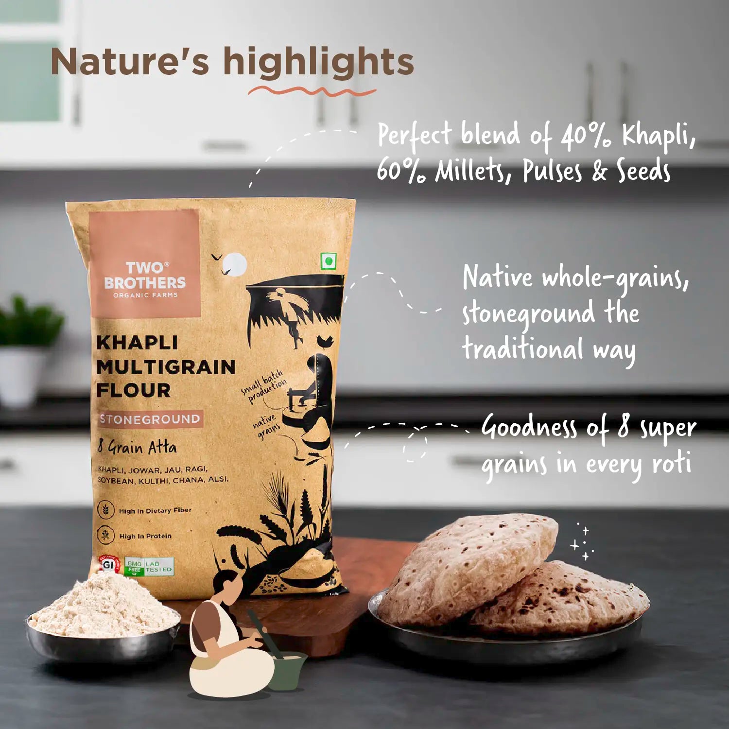 Khapli Flour | Khapli Multigrain Atta - 8 Grain Atta - Stoneground - High In Fiber And Protein - Two Brothers – 1000gm