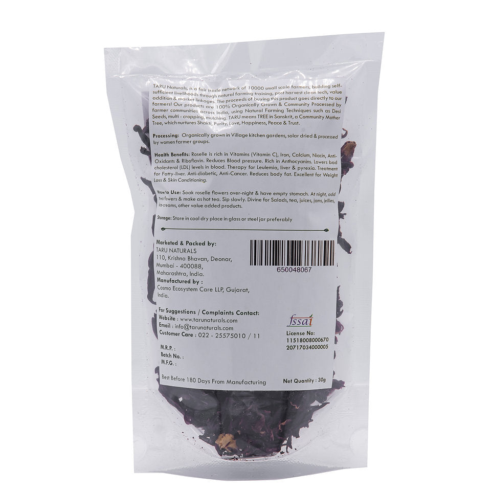 Roselle Flower Tea (Tribal Gangura) - Natural - Indian - Rich In Calcium, Vitamin C, Anti Oxidants, Weight Balancer, Liver Tonic, Stress Buster & Thearpy Of Diabetes Taru - Naturals - 30gm