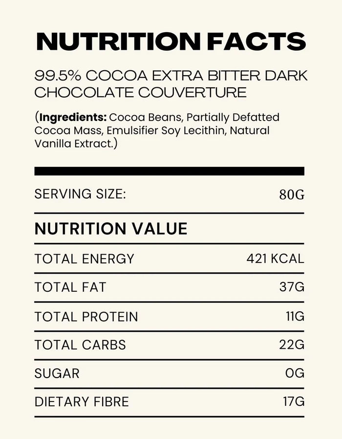 Dark Chocolate | 99.5% Cacao - Extra Bitter - Preservatives Free, No Artificial Flavour & No hydrogenated Oils - Cocoacraft - 80gm