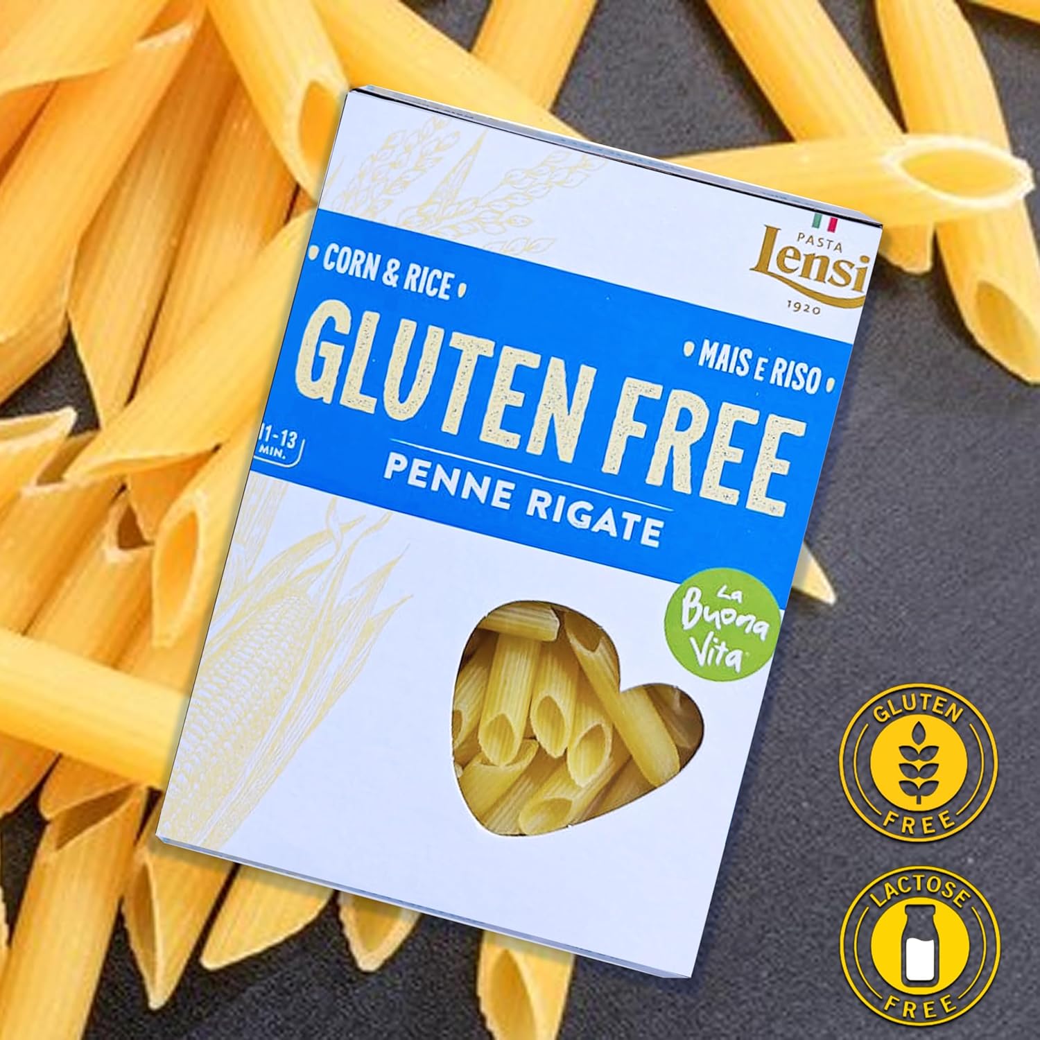 Pasta | Penne Rigate Pasta (Made By Corn & Rice) - Made In Italy - Gluten Free & Lactose Free - Pasta Lensi - 400gm