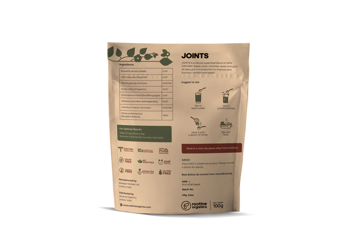 Joints | (A Perfect Blend Of Organic Leaves, Roots, Rhizomes, Seeds & Gum Of Trees) – Revitalise Your Joints Naturally with Ayurvedic Power - 100% Natural Superfood – Vegan, Non GMO & No Added Preservatives – Rootine Organics – 100gm