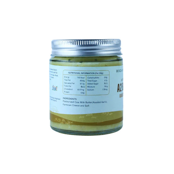 Butter | A2 Butter Garlic Parmesan (Made With A2 Cow Milk) - No Added Preservatives & No Added Artificial Additives - Highland Farms - 125gm