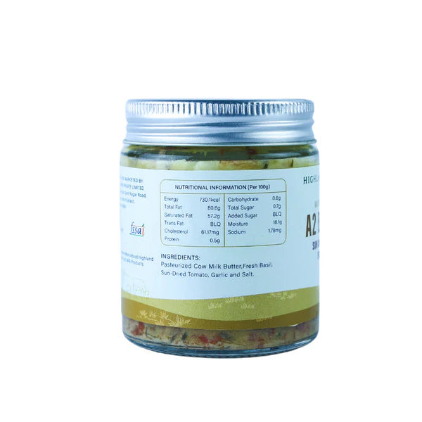 Butter | A2 Butter Sundried Tomato And Basil Leaves (Made With A2 Cow Milk) - No Added Preservatives & No Added Artificial Additives - Highland Farms - 125gm