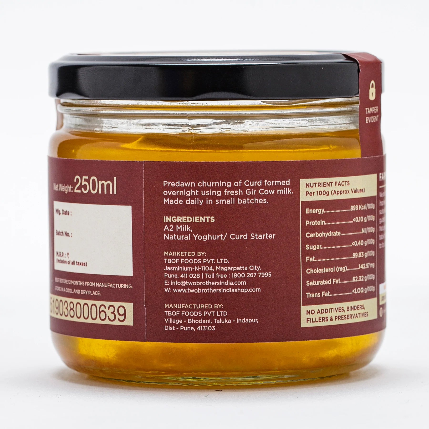 Ghee | A2 Cultured Desi Gir Cow Ghee - Free Grazed & Handmade - Natural - Indian - Two Brothers – 250ml