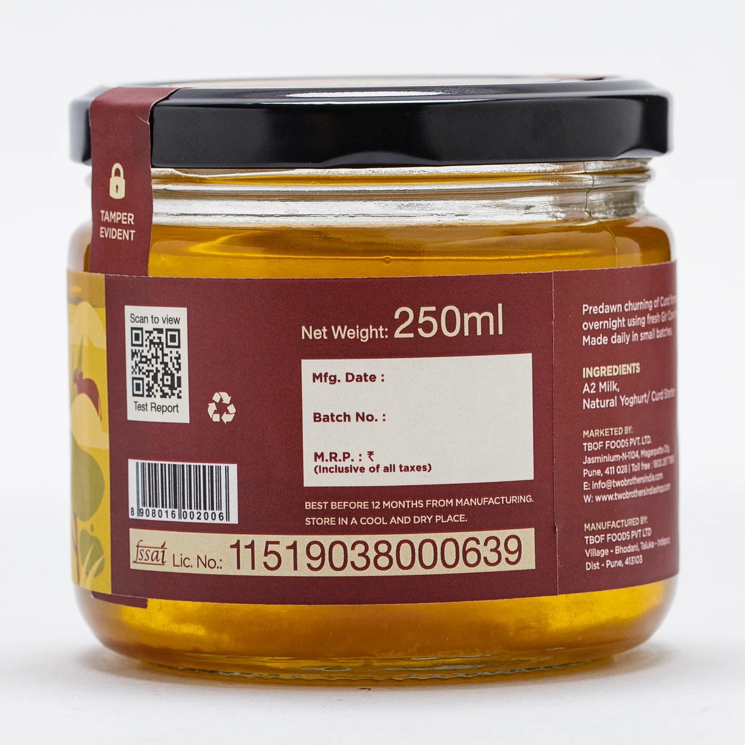 Ghee | A2 Cultured Desi Gir Cow Ghee - Free Grazed & Handmade - Natural - Indian - Two Brothers – 250ml