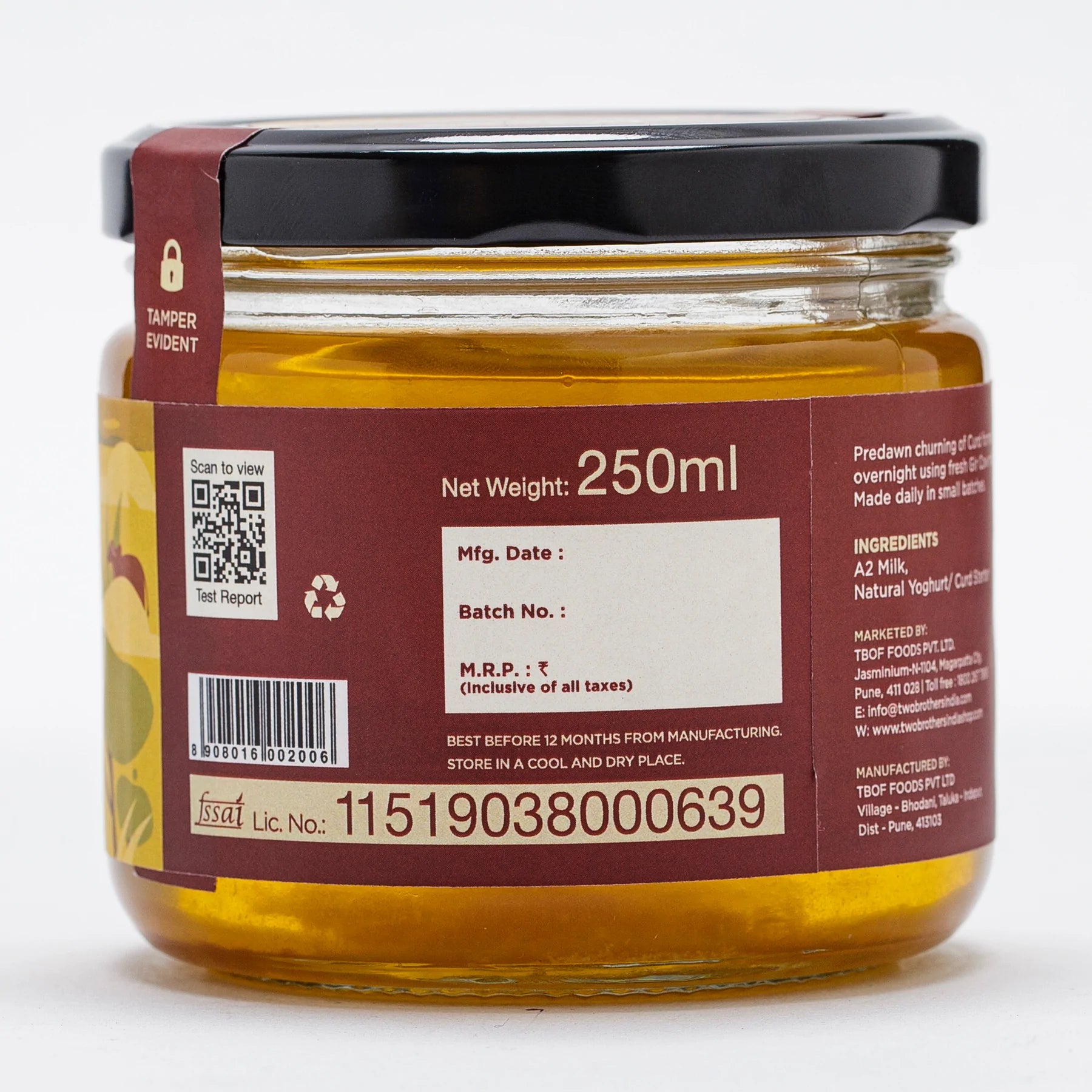 Ghee | A2 Cultured Desi Gir Cow Ghee - Free Grazed & Handmade - Natural - Indian - Two Brothers – 250ml