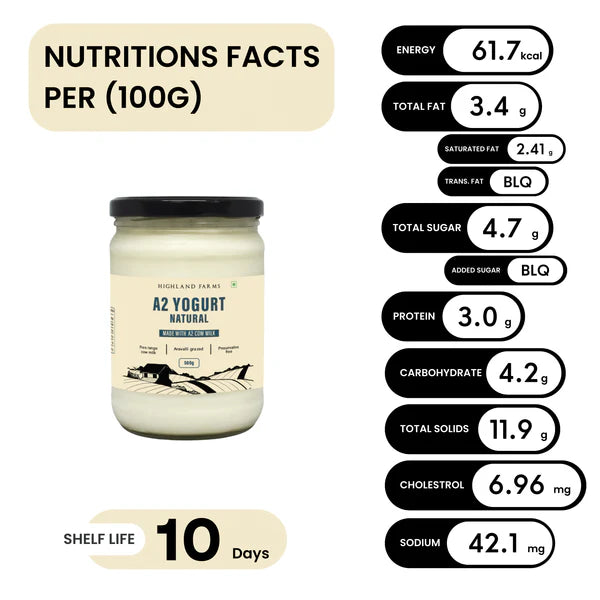 Yogurt | (Made With Desi Cow Milk) - Indigenous - 100% Natural - No Added Preservatives & Non GMO - Highland Farms - 500gm