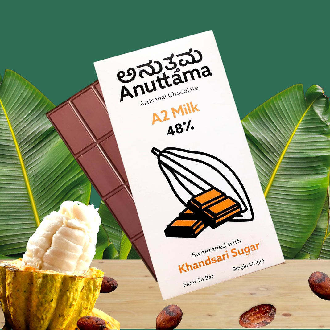 Dark Milk Chocolate | A2 Milk (Dark Milk) - Sweetened With Khandsari Sugar – 48% Cocoa - Farm To Bar – Single Origin - No Added Preservatives & No Added Artificial Flavours – Anuttama Artisanal Chocolate – 50gm
