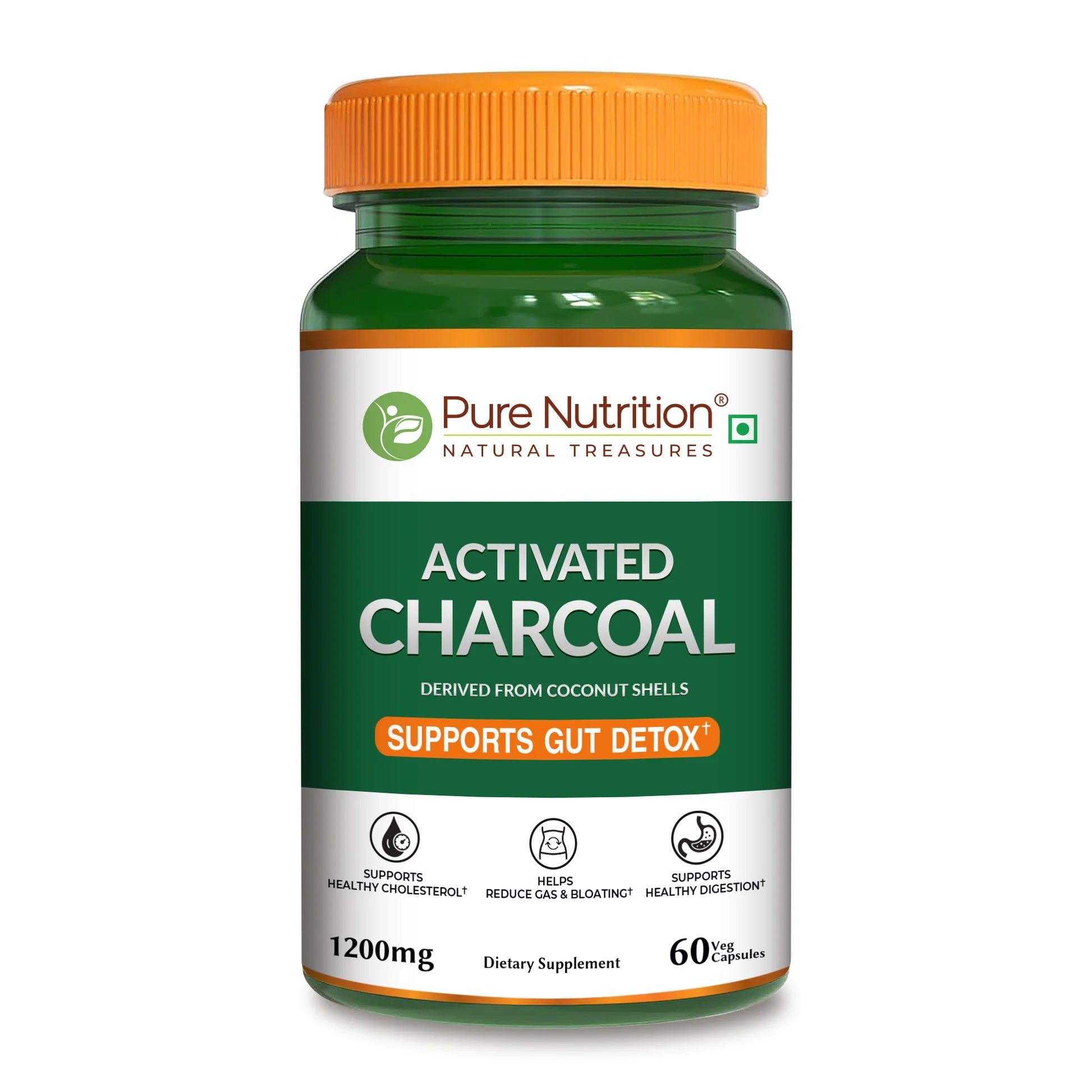Gut Detox | Activated Charcoal (Supports Gut Detox) -Derived From Coconut Shells-1200mg-Supports Healthy Digestion – Improve Digestive Environment -Free from Added Preservatives or Artificial Colors - Pure Nutrition - 60N Veg Capsules
