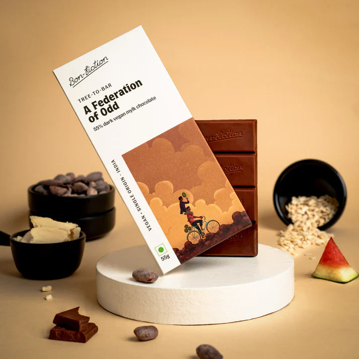 Milk Chocolate | A Federation Of Odd - 55% Dark Mylk Chocolate - Tree To Bar – Single Origin – 100% Natural – Vegan, Gluten Free, Palm Oil Free, Non GMO, No Artificial Flavour & No Added Preservatives - Vegan – Bon-Fiction – 55gm
