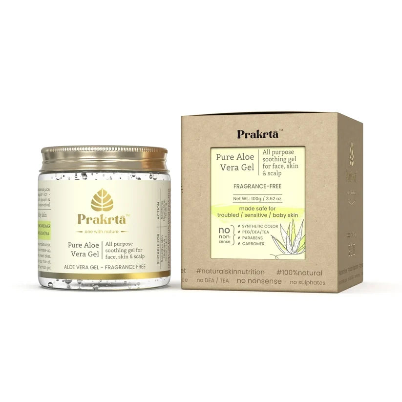 Pure Aloe Vera Gel -Multipurpose soothing aloe gel for sensitive skin -Fragrance Free - No Added Preservatives -Prakrta- 100ml