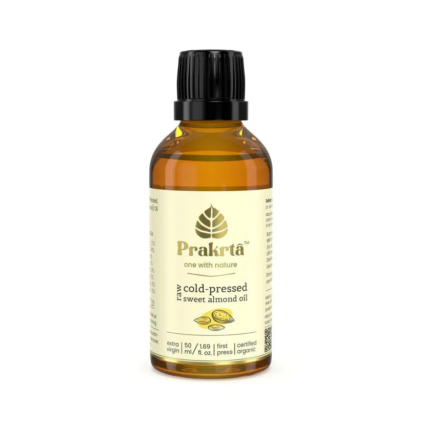 Oil | Raw Cold Pressed Sweet Almond Oil - 100% edible, natural, certified organic - No Added Preservatives -Prakrta- 50ml