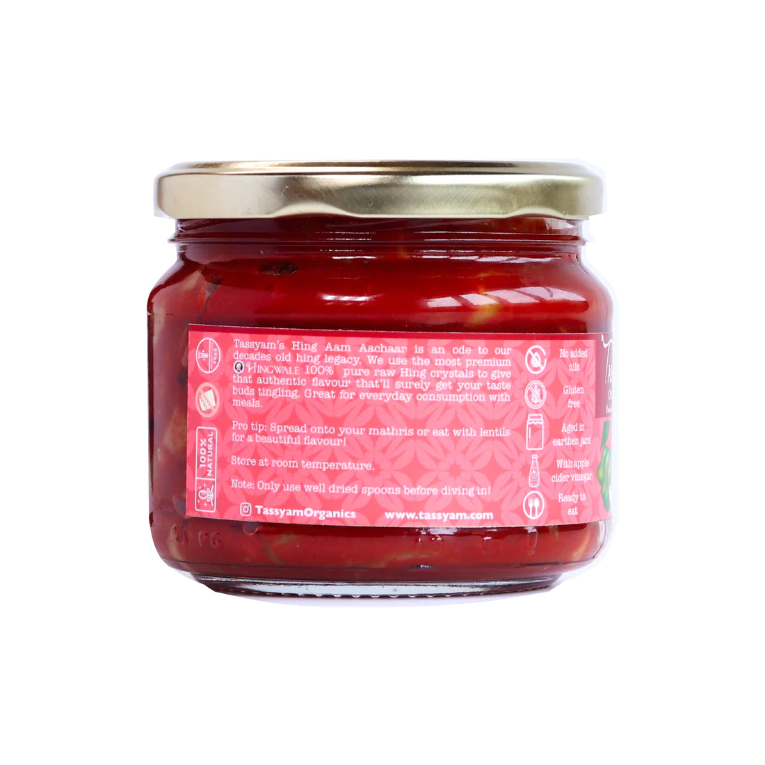 Aam Aachaar | Hing Aam Aachaar (Nanima Hing) - Medium Spicy - Natural - Oil Free - Tassyam Organics - 350gm