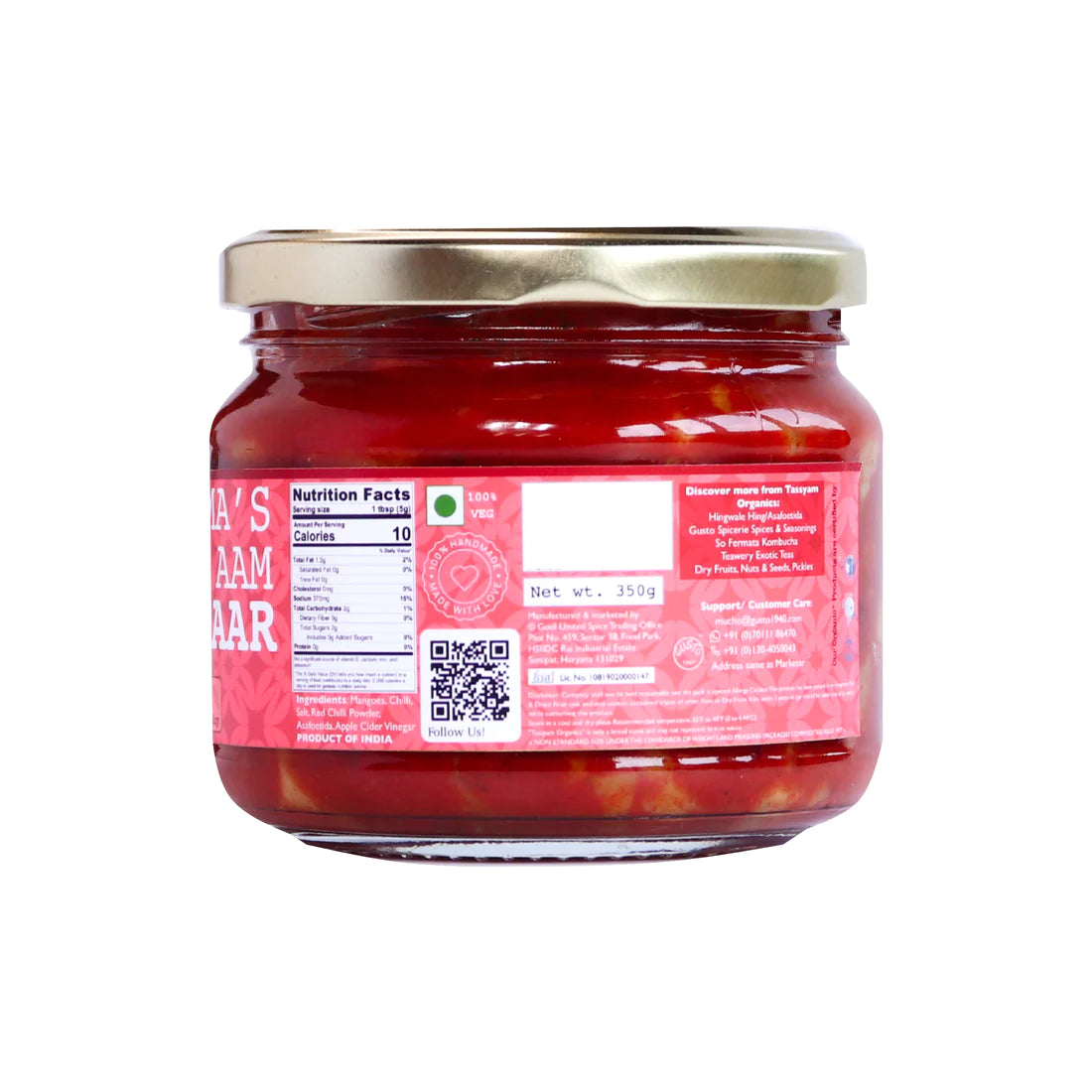 Aam Aachaar | Hing Aam Aachaar (Nanima Hing) - Medium Spicy - Natural - Oil Free - Tassyam Organics - 350gm