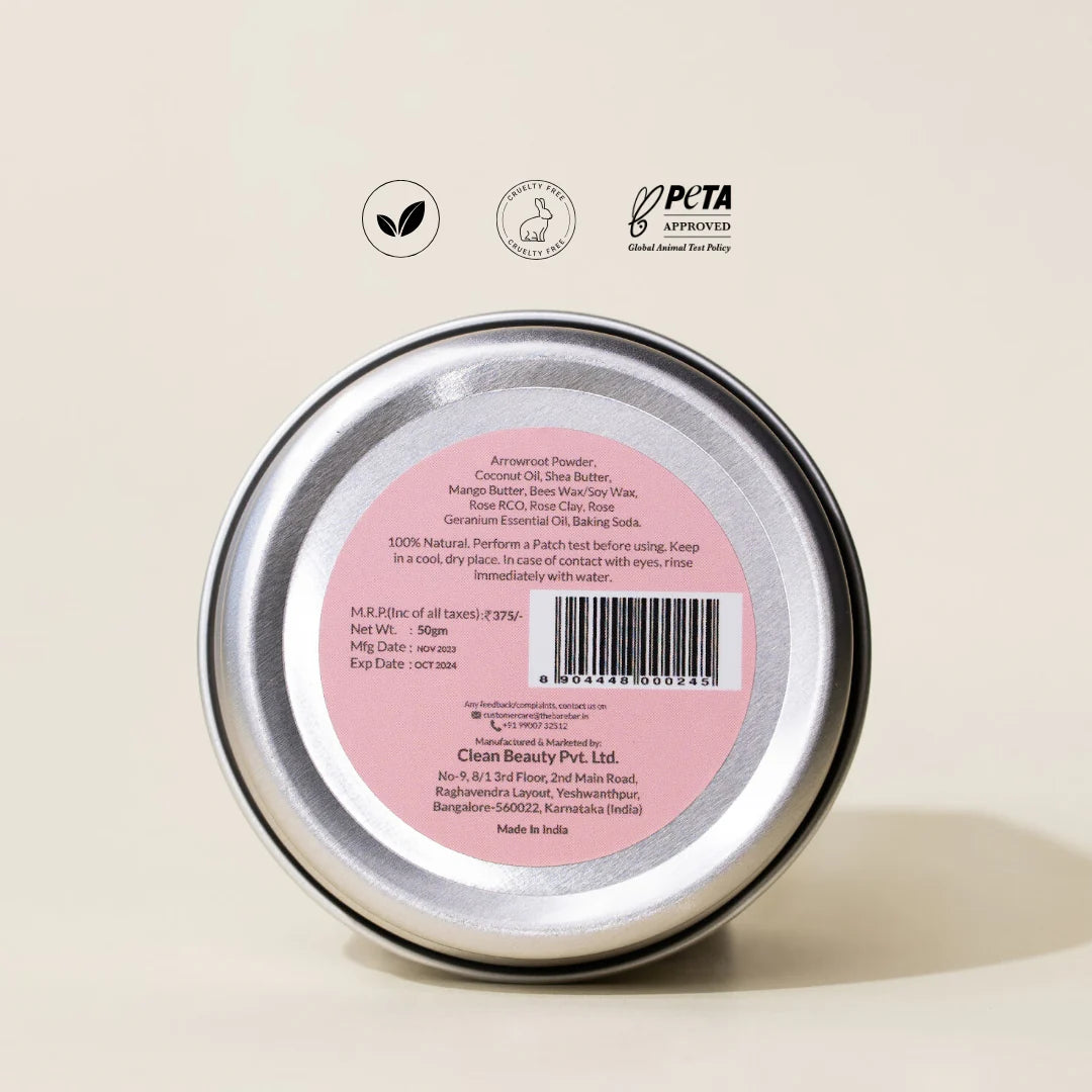 Deodorant | Absolute Rose - Vegan, No Artificial Fragrances, Parabens Free & No Added Preservatives - The Bare Bar – 50gm