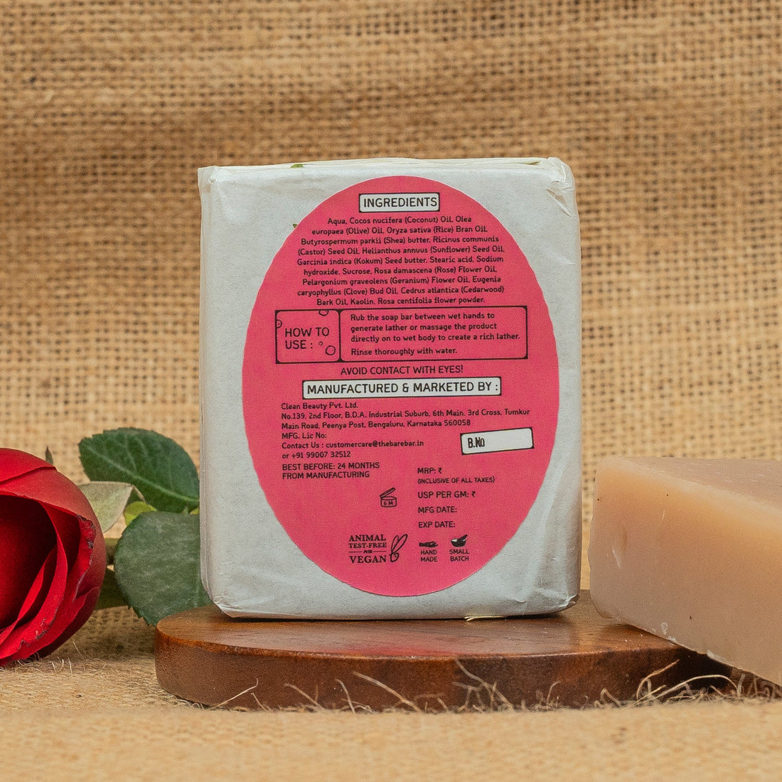 Soap | Absolute Rose - Olive Oil Based Formula - No Artificial Fragrances, Parabens Free & No Added Preservatives - The Bare Bar – 100gm
