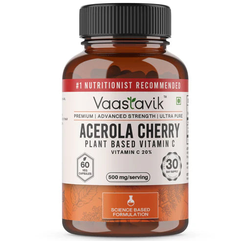 Vitamin C | With Acerola Cherries - Gluten Free, Dairy Free, GMO Free & Heavy Metal Free – Vaastavik – (500mg) – 60 Capsules