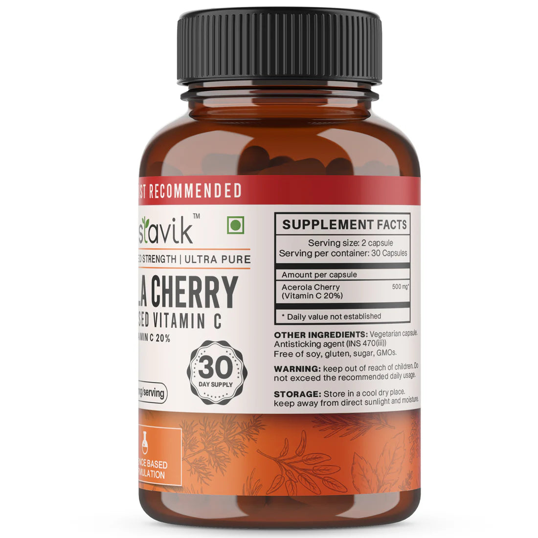 Vitamin C | With Acerola Cherries - Gluten Free, Dairy Free, GMO Free & Heavy Metal Free – Vaastavik – (500mg) – 60 Capsules