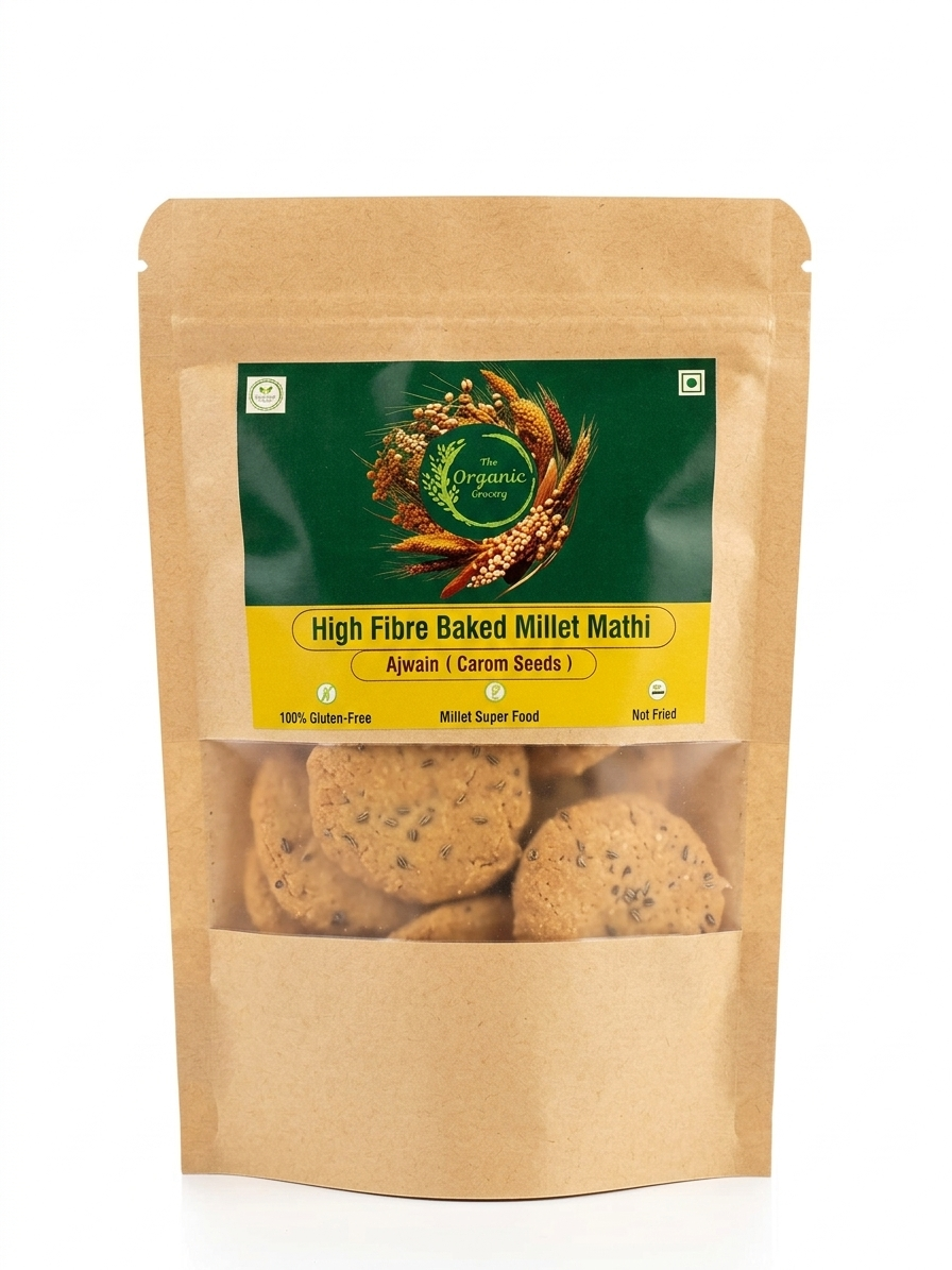 Ajwain (Carom Seeds) – High Fibre Baked Millet Mathi- 100% Gluten Free -Lo Gi , High Antioxidants-No preservatives- The Organic Bakery - 120gm