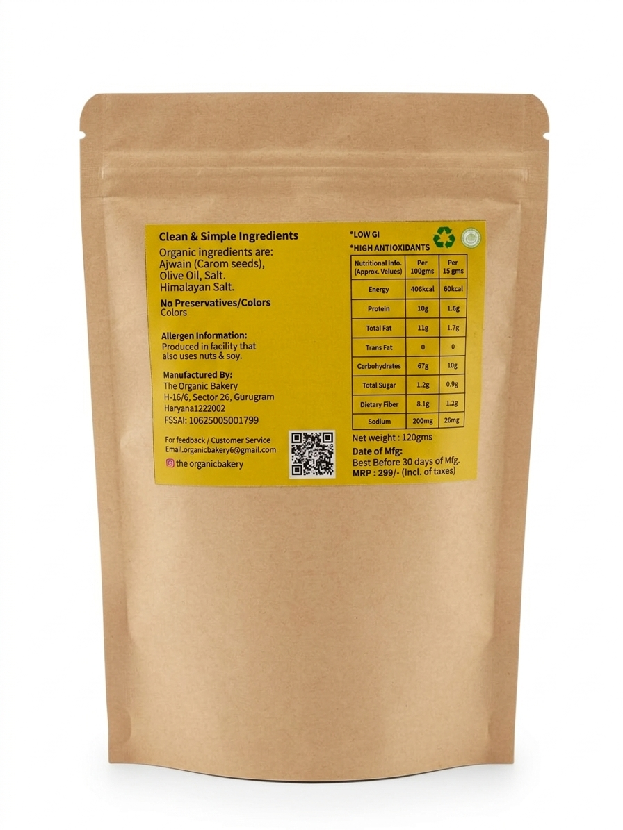Ajwain (Carom Seeds) – High Fibre Baked Millet Mathi- 100% Gluten Free -Lo Gi , High Antioxidants-No preservatives- The Organic Bakery - 120gm