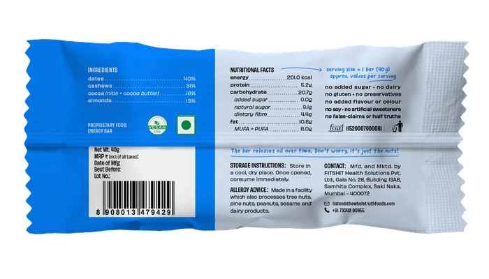 Almond Choco Fudge Bar - Vegan, Gluten Free, Dairy Free & No Added Sugar – The Whole Truth – 40gm