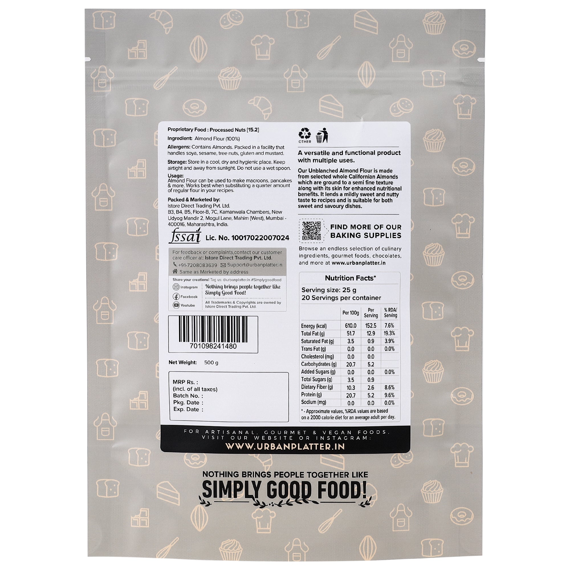 Almond Flour | California - Sweet Nutty & Buttery Taste - Gluten Free, High Fiber & Keto Friendly – Urban Platter – 500gm
