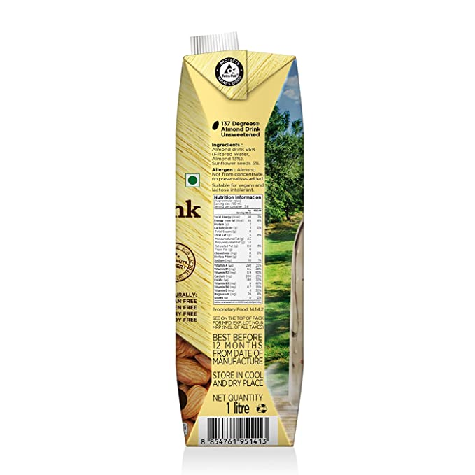 Almond Milk | Unsweetened – Vegan, Gluten Free, Dairy Free, Soy Free & Carrageenan Free – 137 Degrees – (Box Of 12) – 1000ml