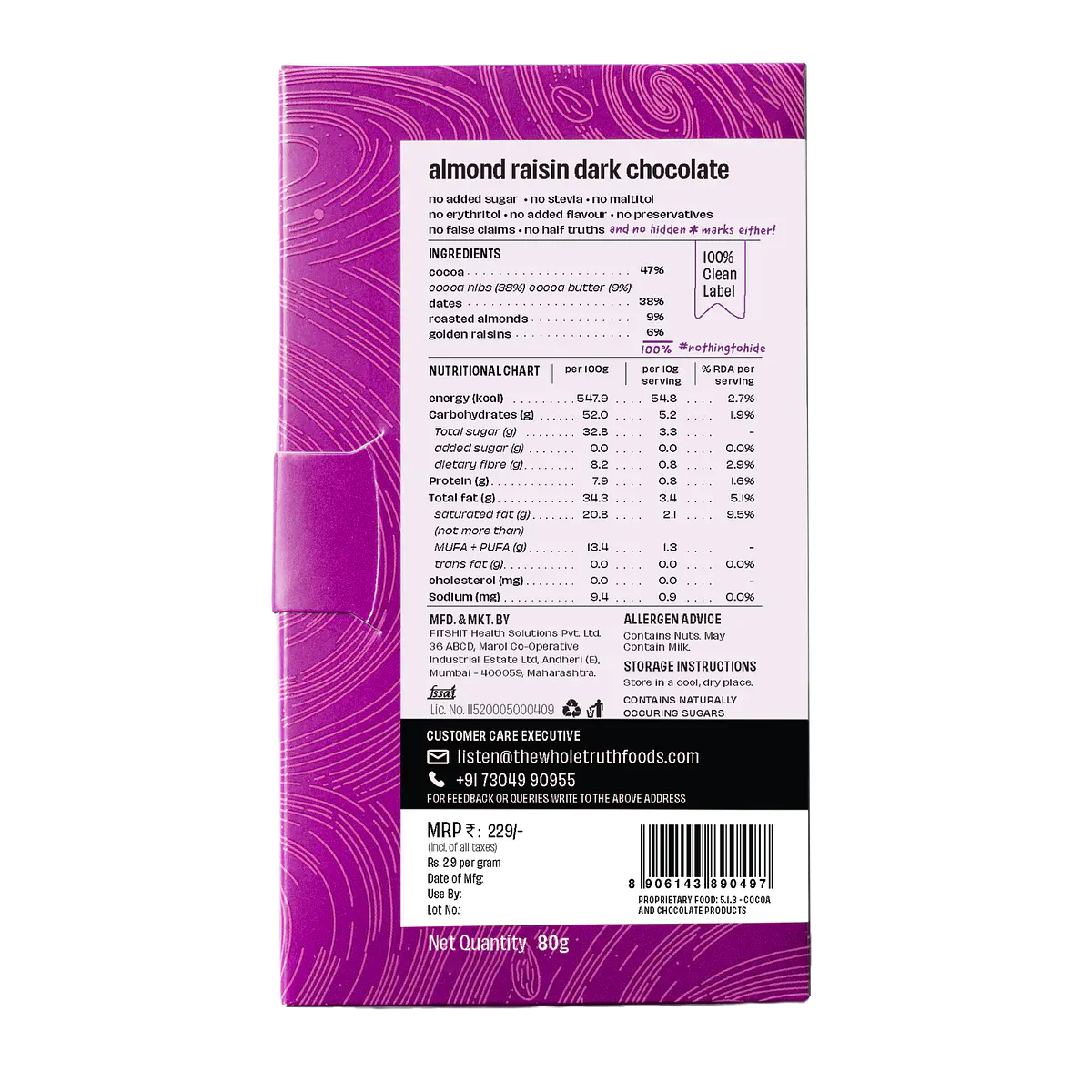 Almond Raisin Dark Chocolate – 47% Cocoa, 38% Dates, 15% Almond & Raisin - Natural - Indian - No Added Sugar, No Stevia, Maltitol & No Erythritol - The Whole Truth – 80gm