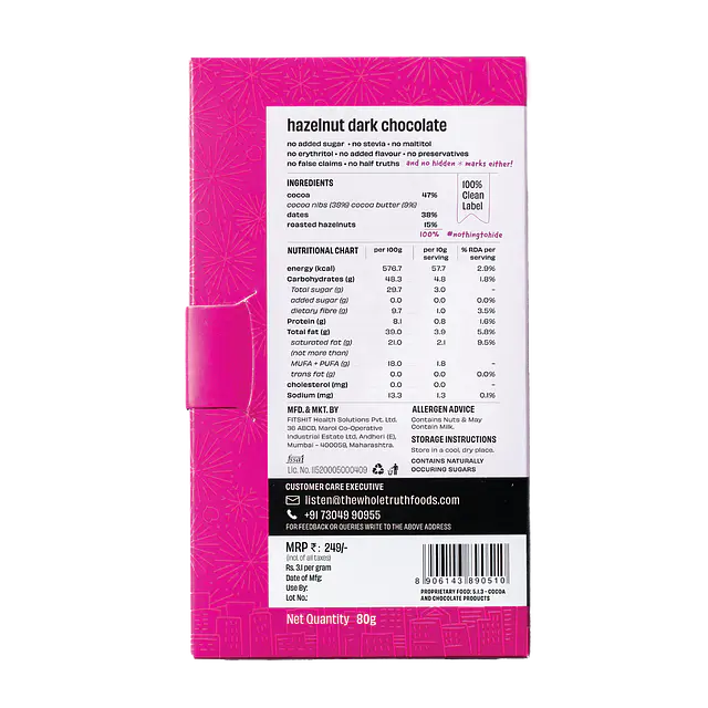 Dark Chocolate | Hazelnut – 47% Cocoa, 38% Dates, 15% Hazelnut - Natural - Indian - No Added Sugar, No Stevia, Maltitol & No Erythritol - The Whole Truth – 80gm