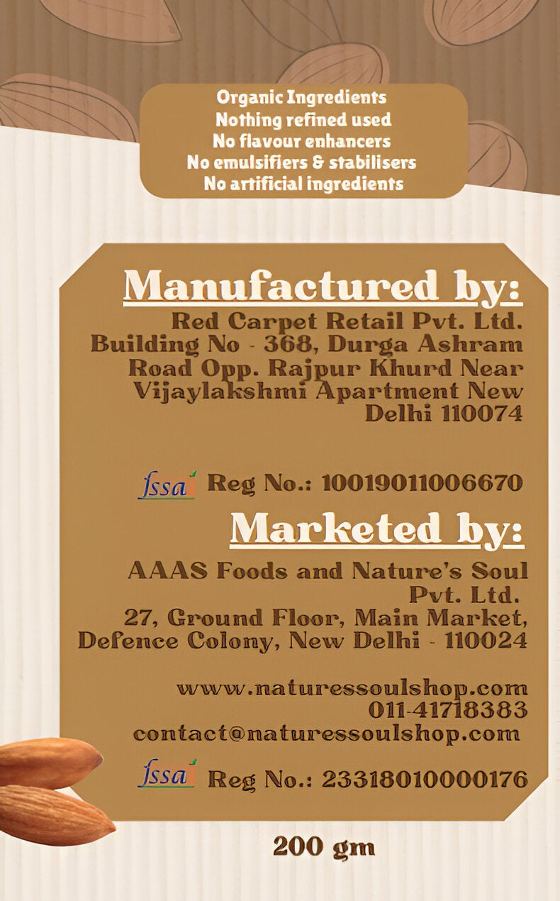 Almond Butter | Crunchy – Unsweetened – Made With Organic Ingredients – Vegan, Gluten Free, No Flavour Enhancers, No Emulsifiers And Stabilisers Or No Artificial Ingredients – Nature’s Soul – 200gm