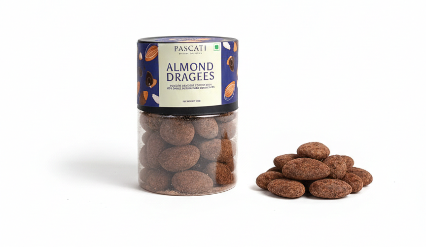Almond Dragées - Roasted Almond Coated (63% Single Origin Dark Chocolate) - Added Natural Flavour- Zero Cholesterol & Trans Fat - Pascati - 100gm