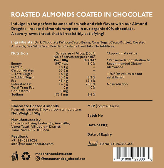 Chocolate | Chocolate Coated Almond Dragées - Pure & Natural - Plant Based - No Additives - Mason & Co - 150gm
