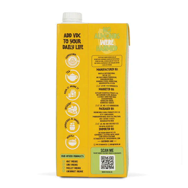 Almond Drink | Barista Edition (Made Using Californian Almonds) – 80% More Protein & Dietary Fibers – Cruelty Free, Soya Free, Non Gmo, No Added Sugar, Preservatives, Cholesterol, No Artificial Flavors & Colors – VDC – 1000ml