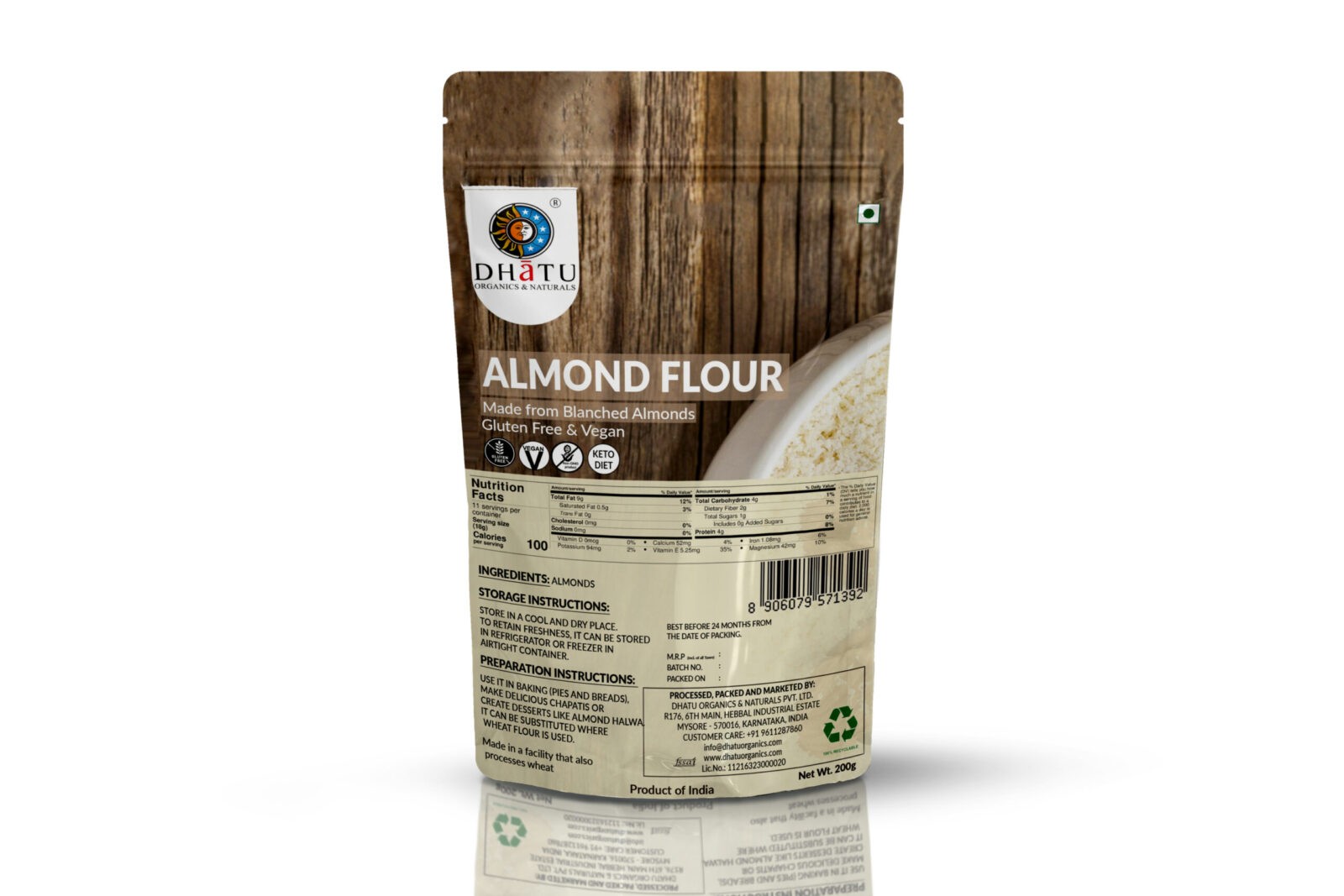 Almond Flour | Made From Blanched Almonds - Vegan, Gluten Free - Dhatu Organic - 200gm
