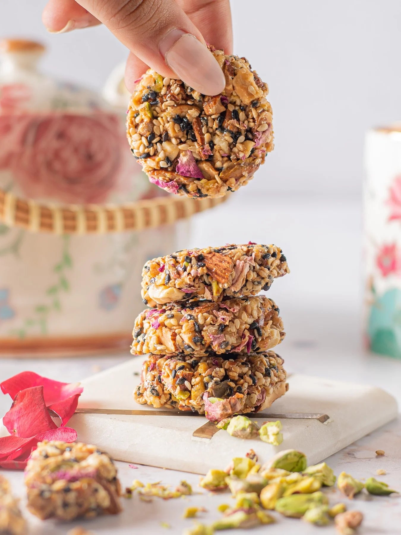 Almond Pistachio Brittles | Rose – Vegan, Gluten Free, No Added Preservatives & No Added Sugar – Bites Of Bliss – (6 Pcs) – 110gm