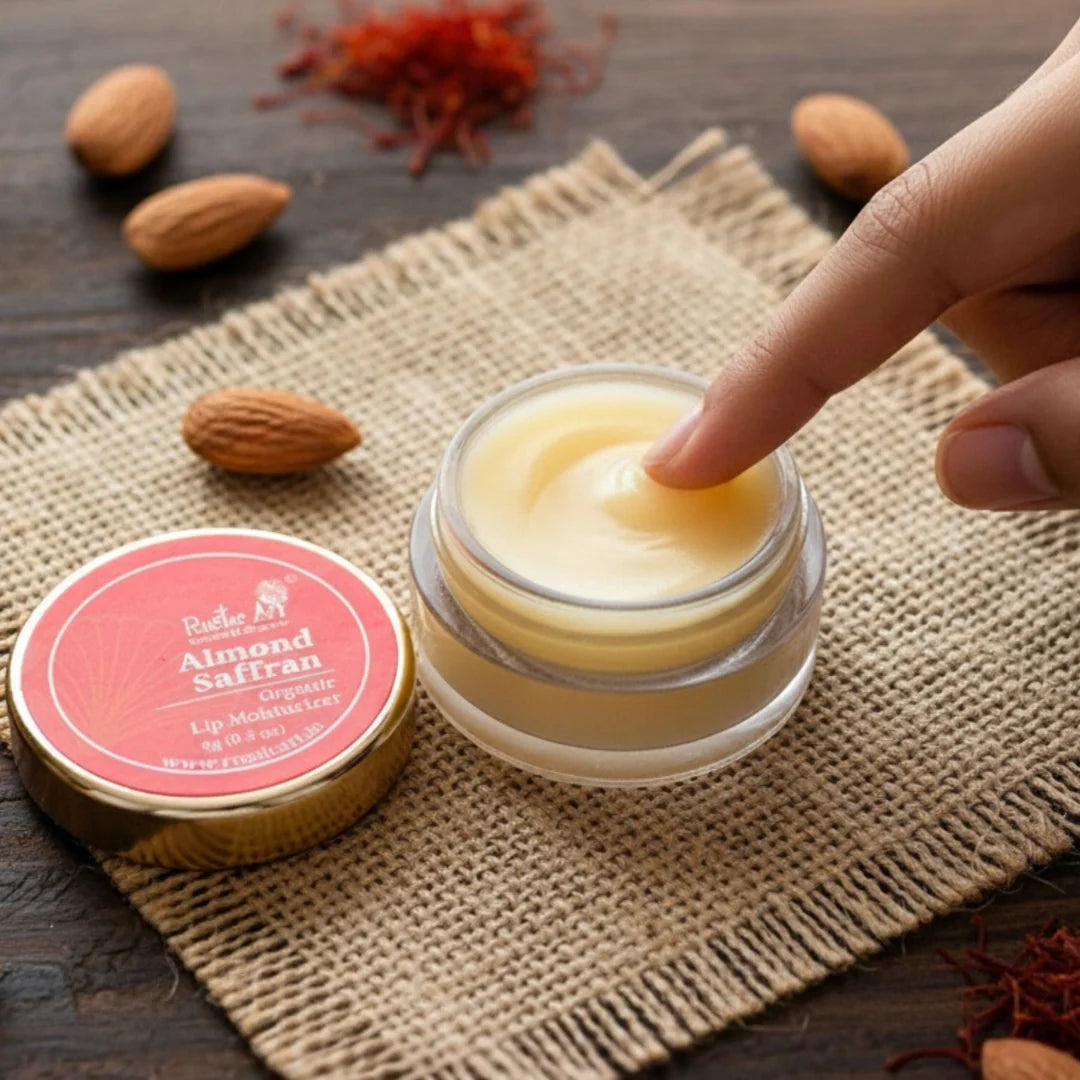 Moisturizer | Almond Saffron Lip Moisturizer-100% natural oils and butters-Vegan - No preservatives - Rustic Art - 9gm